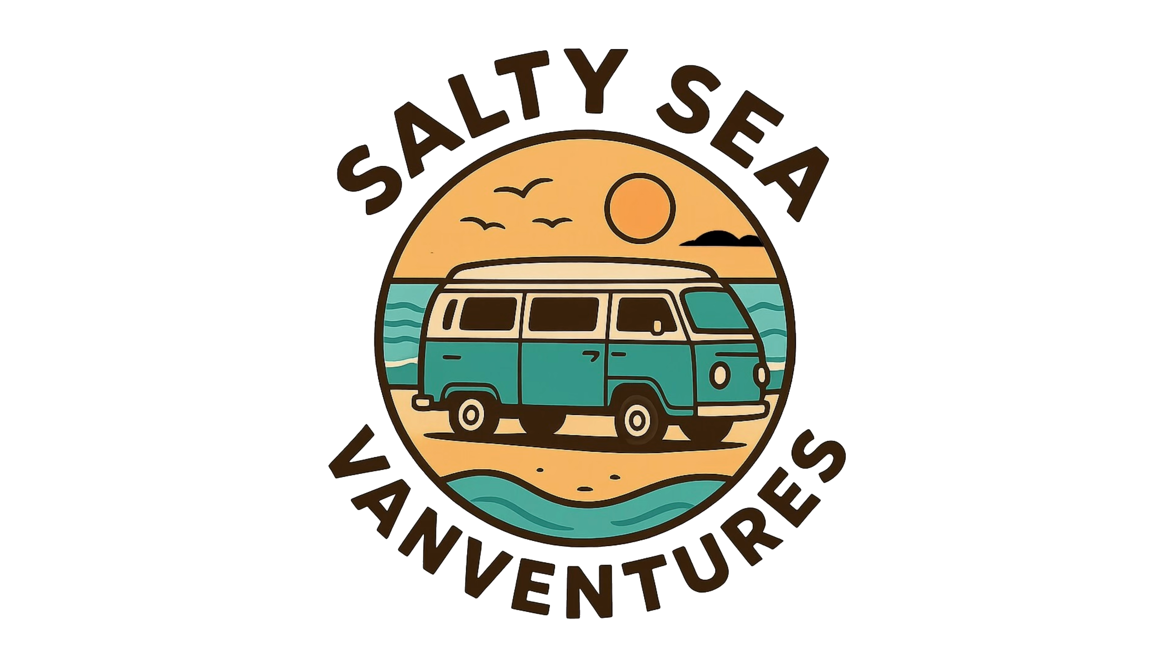 Original Salty Sea Vanventures full logo card: teal van, coast and sunset